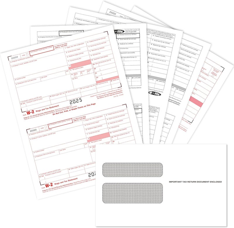 Rsgift W2 Forms 2025 with Envelopes,6 Part W-2 Tax Forms 2025, 6-Part W-2 Forms with 25 Self-Seal Envelopes, Laser Forms Designed for Accounting(W2 6 Part 25 with Envelopes) - Image 1